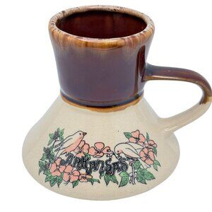 Arkansas Ceramic Pottery Mug Birds Flowers Spill-Proof Brown Beige Vtg  2